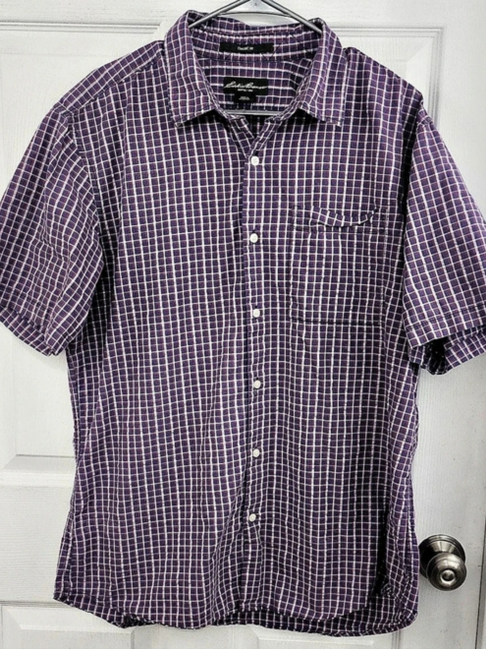 Eddie Bauer Classic Fit Checkered Cotton Shirt in Purple & White Like New